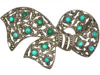 Art Deco Large Silver, Marcasite & Turquoise Bow Brooch
