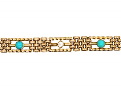 Edwardian 15ct Gold Turquoise & Diamond Gate Bracelet