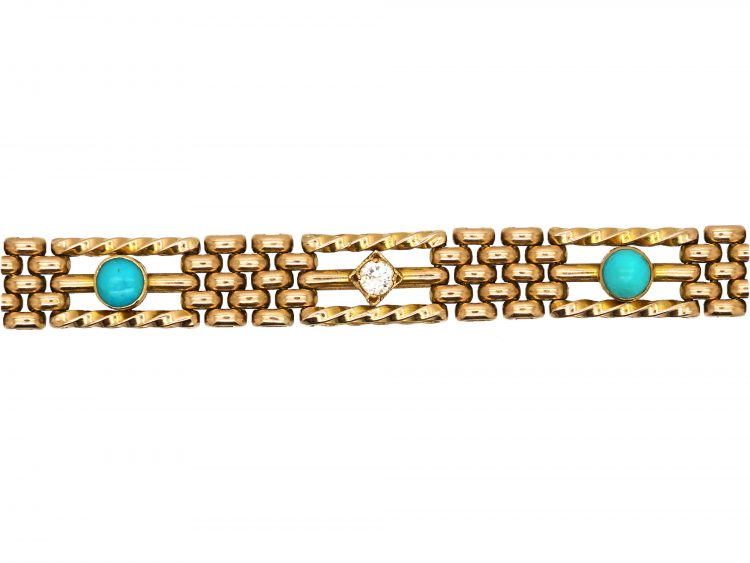 Edwardian 15ct Gold Turquoise & Diamond Gate Bracelet