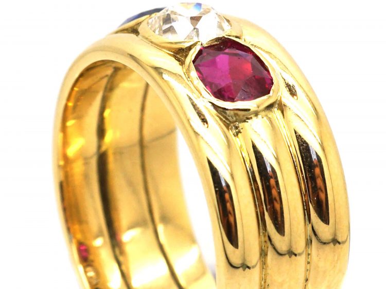 Retro 18ct Gold, Red, White & Blue Gem Set Ring