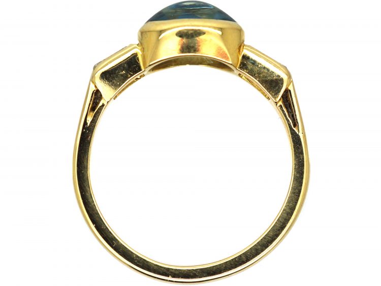 18ct Gold, Cabochon Aquamarine & Baguette Diamond Ring