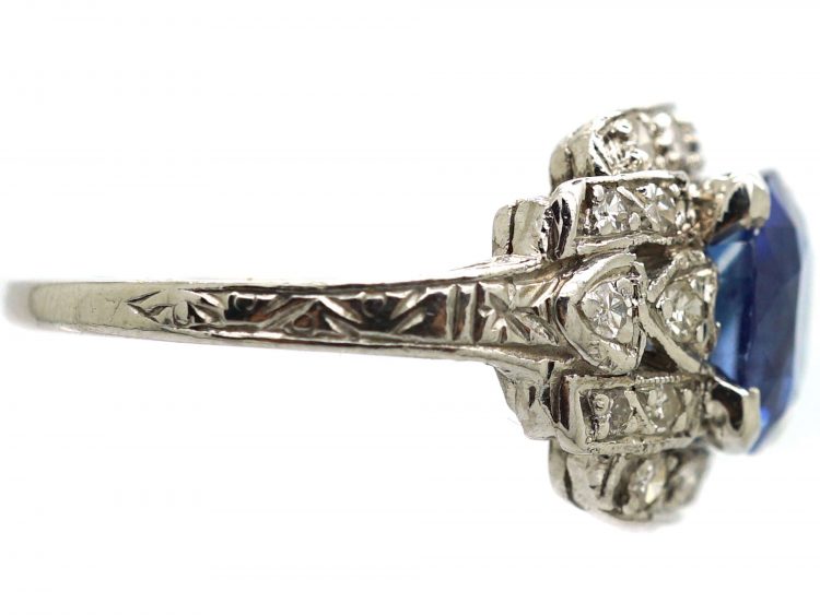 Art Deco Platinum, Ceylon Sapphire & Diamond Ring with Heart Detail