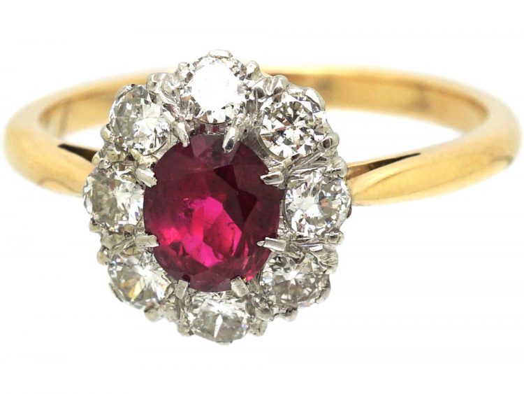 Retro 18ct Gold, Ruby & Diamond Oval Cluster Ring