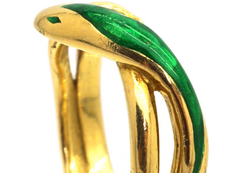 1970s 18ct Gold & Green Enamel Snake Ring