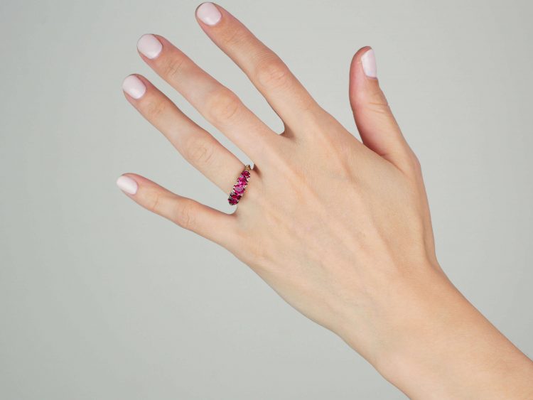 Victorian 18ct Gold, Five Stone Ruby Ring with Diamond Points