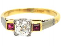 Art Deco 18ct Gold & Platinum, Diamond Solitaire Ring with a Square Cut Ruby on Either Side