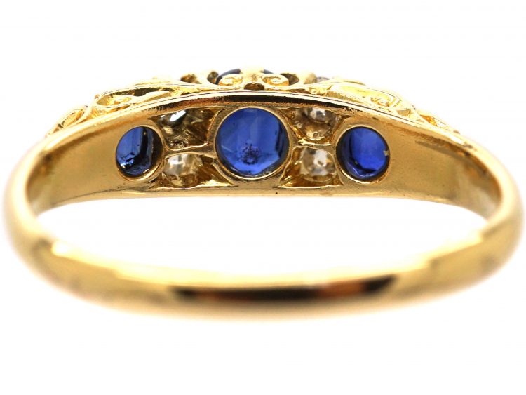 Edwardian 18ct Gold, Three Stone Sapphire & Diamond Carved Half Hoop Ring