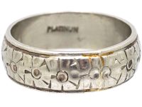 Art Deco Wide Platinum Wedding Ring with Flower Detail
