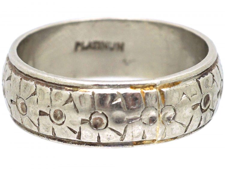 Art Deco Wide Platinum Wedding Ring with Flower Detail