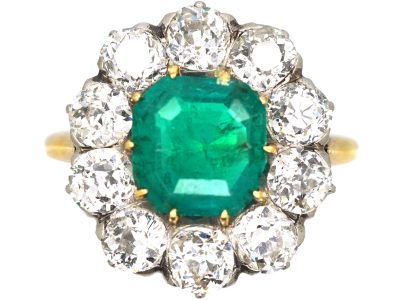 Art Deco 18ct Gold, Colombian Emerald & Diamond Cluster Ring