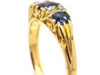 Edwardian 18ct Gold, Three Stone Sapphire & Diamond Carved Half Hoop Ring