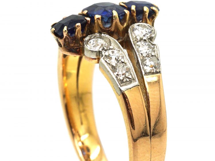 French Belle Epoch 18ct Gold& Platinum, Three Stone Sapphire & Diamond Ring