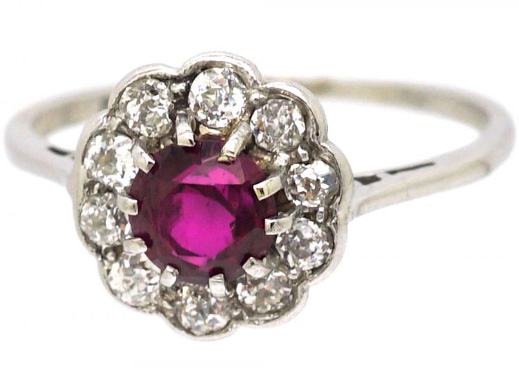 Edwardian Platinum, Ruby & Diamond Cluster Ring