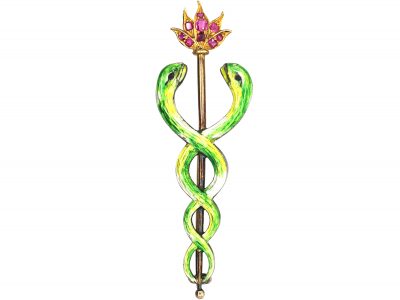 Edwardian 15ct Gold & Enamel Caduceus Brooch in Original Case