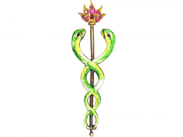 Edwardian 15ct Gold & Enamel Caduceus Brooch in Original Case