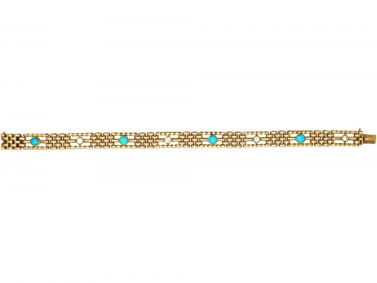 Edwardian 15ct Gold Turquoise & Diamond Gate Bracelet
