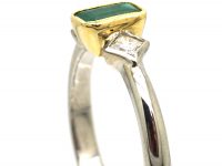 18ct White Gold, Rectangular Emerald & Diamond Three Stone Ring