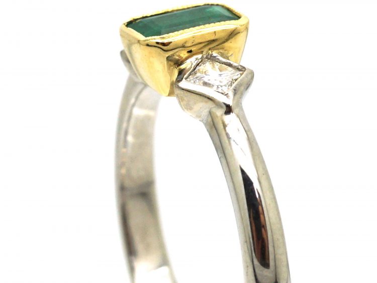 18ct White Gold, Rectangular Emerald & Diamond Three Stone Ring