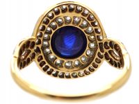 Art Deco 18ct Gold & Platinum, Cabochon Sapphire & Diamond Cluster Ring by Bailey Banks & Biddle