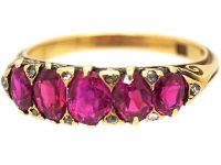 Victorian 18ct Gold, Five Stone Ruby Ring with Diamond Points
