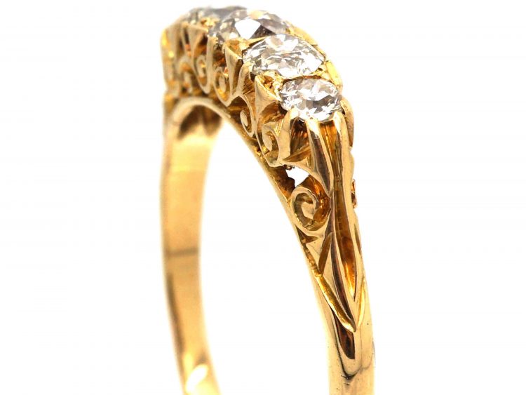 Edwardian 18ct Gold, Five Stone Diamond Carved Half Hoop Ring