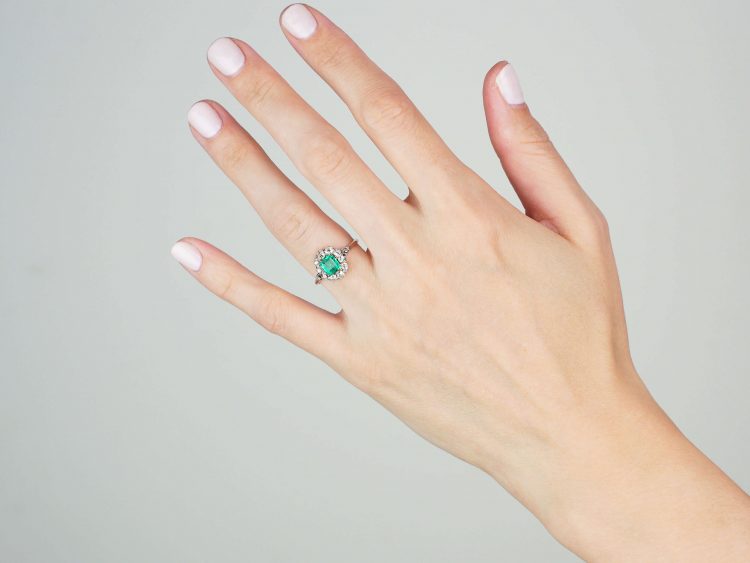 Edwardian 14ct Gold & Platinum, Emerald & Diamond Cluster Ring with Diamond Set Shoulders