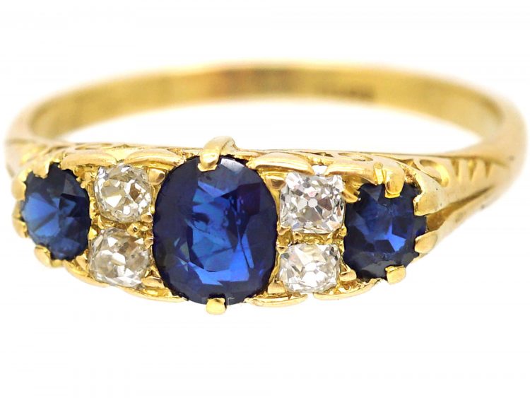 Edwardian 18ct Gold, Three Stone Sapphire & Diamond Carved Half Hoop Ring