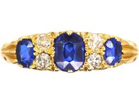 Edwardian 18ct Gold, Three Stone Sapphire & Diamond Carved Half Hoop Ring