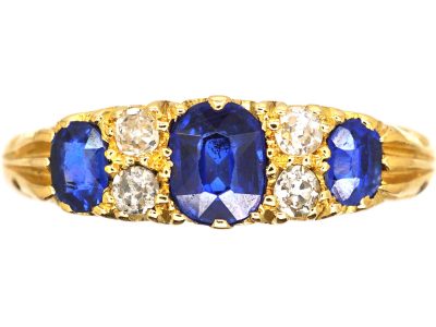 Edwardian 18ct Gold, Three Stone Sapphire & Diamond Carved Half Hoop Ring