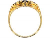 Edwardian 18ct Gold, Three Stone Sapphire & Diamond Carved Half Hoop Ring