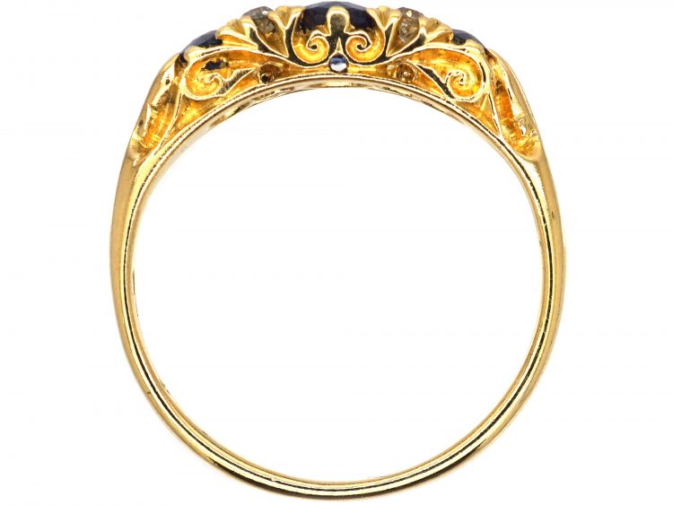 Edwardian 18ct Gold, Three Stone Sapphire & Diamond Carved Half Hoop Ring