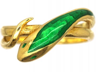 1970s 18ct Gold & Green Enamel Snake Ring