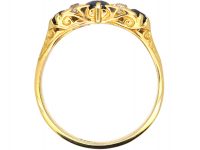Edwardian 18ct Gold, Three Stone Sapphire & Diamond Carved Half Hoop Ring