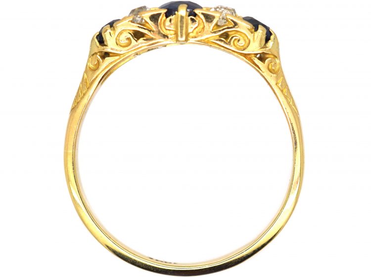 Edwardian 18ct Gold, Three Stone Sapphire & Diamond Carved Half Hoop Ring