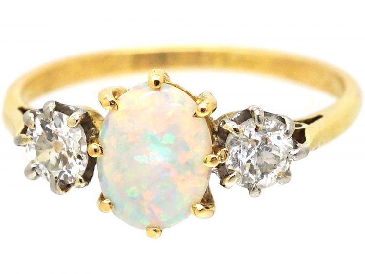 Early 20th Century 18ct Gold & Platinum, Three Stone Opal & Diamond Ring
