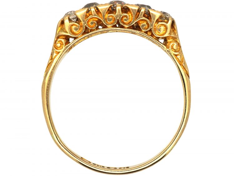 Edwardian 18ct Gold, Five Stone Diamond Carved Half Hoop Ring