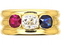 Retro 18ct Gold, Red, White & Blue Gem Set Ring