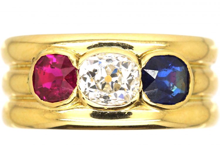Retro 18ct Gold, Red, White & Blue Gem Set Ring