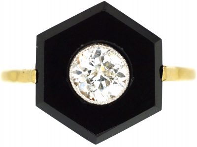 Art Deco 18ct Gold, Onyx & Diamond Hexagonal Ring