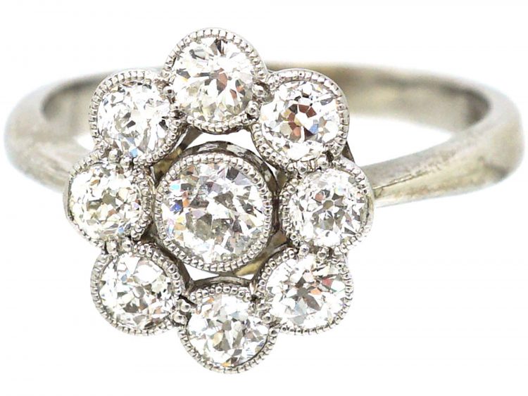 Edwardian 18ct White Gold, Diamond Oval Cluster Ring