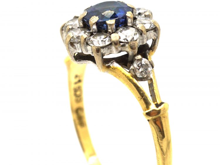 18ct Gold Sapphire & Diamond Cluster Ring with a Diamond on Each Shoulder by Cropp & Farr
