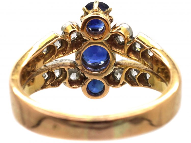 French Belle Epoch 18ct Gold& Platinum, Three Stone Sapphire & Diamond Ring