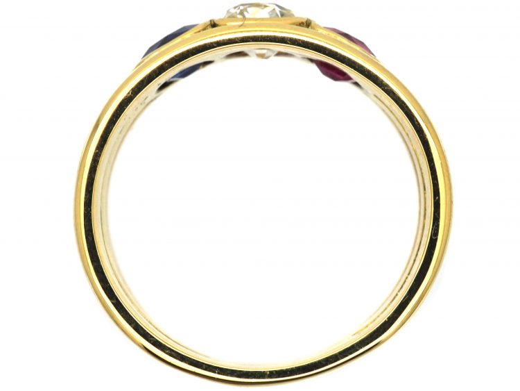 Retro 18ct Gold, Red, White & Blue Gem Set Ring