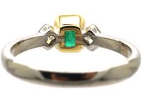 18ct White Gold, Rectangular Emerald & Diamond Three Stone Ring