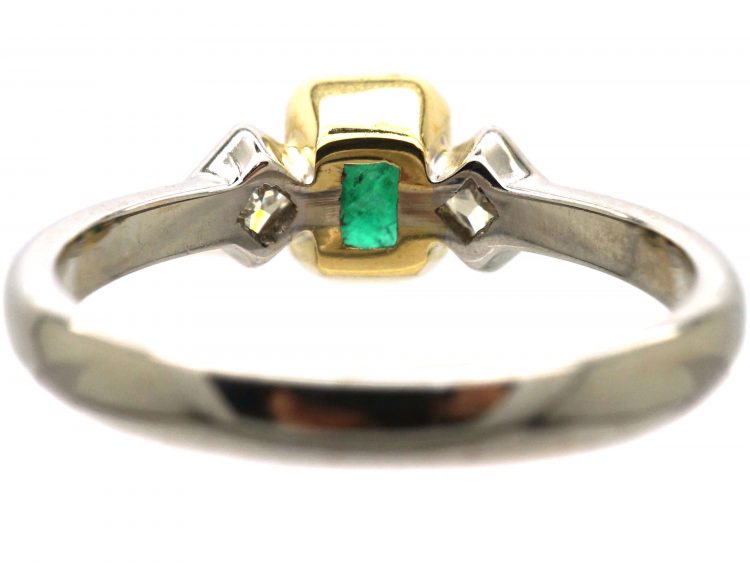 18ct White Gold, Rectangular Emerald & Diamond Three Stone Ring
