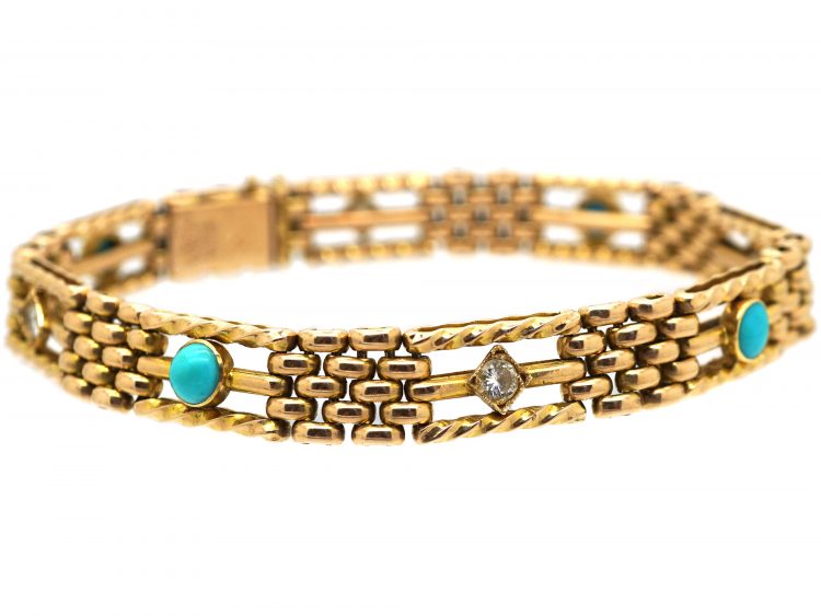 Edwardian 15ct Gold Turquoise & Diamond Gate Bracelet