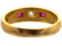 Victorian 18ct Gold Ruby & Diamond Three Stone Gypsy Ring