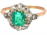 Edwardian 14ct Gold & Platinum, Emerald & Diamond Cluster Ring with Diamond Set Shoulders