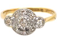 Art Deco 18ct Gold & Platinum, Diamond Cluster Ring with a Diamond on Either Side