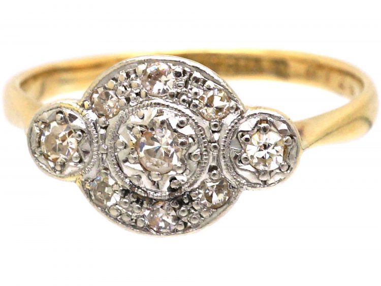 Art Deco 18ct Gold & Platinum, Diamond Cluster Ring with a Diamond on Either Side